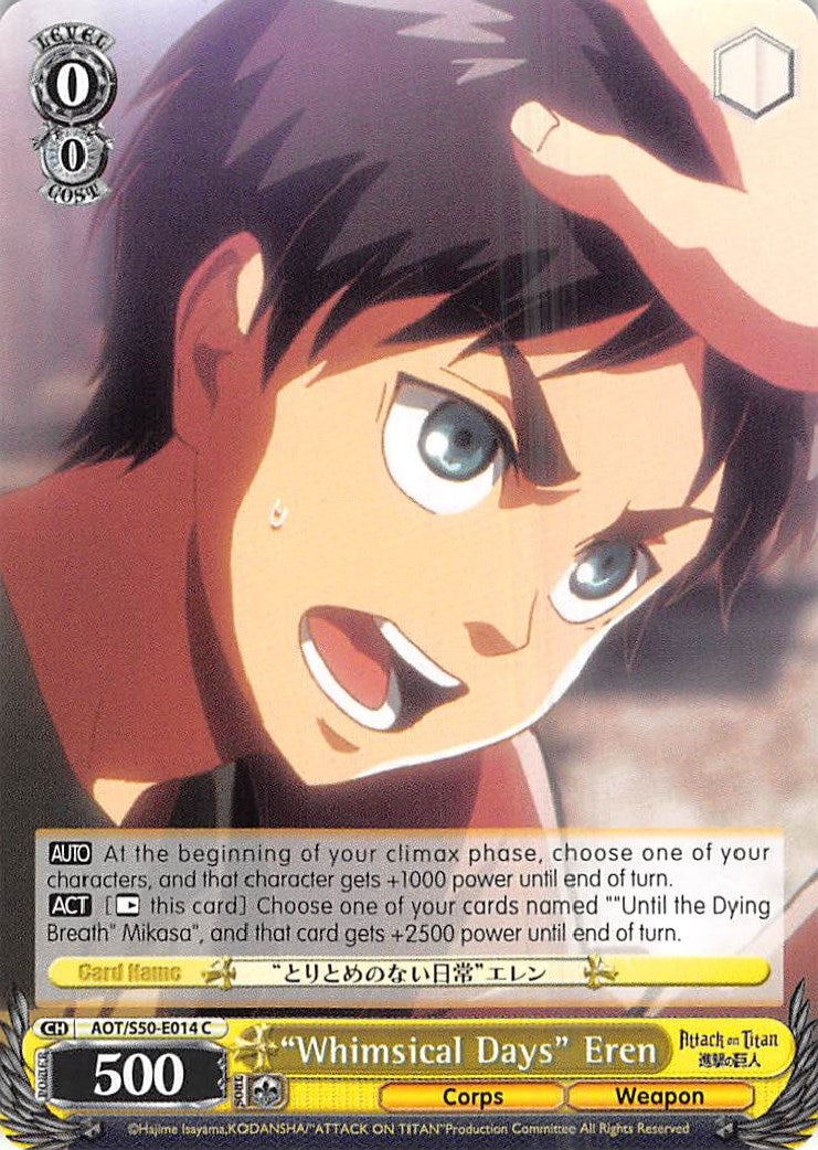 Image for "Whimsical Days" Eren (Attack on Titan Vol. 2) (AOT/S50-E014 C) - Weiss Schwarz