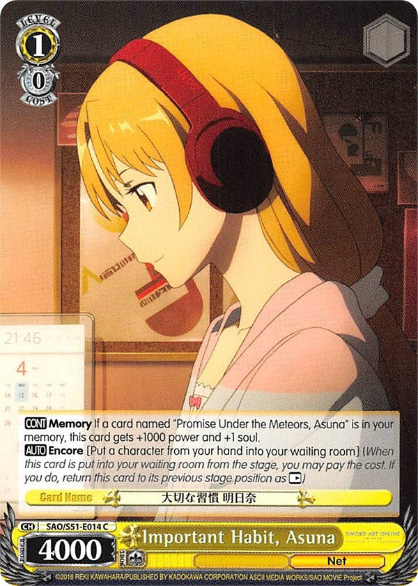 Image for Important Habit, Asuna (Sword Art Online The Movie: -Ordinal Scale-) (SAO/S51-E014 C) - Weiss Schwarz