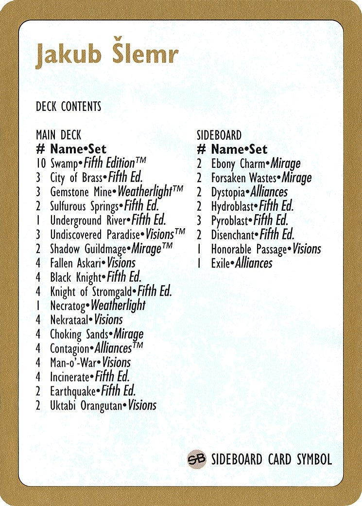 Image for 1997 Jakub Slemr Decklist Card (World Championship Decks) - Magic: The Gathering