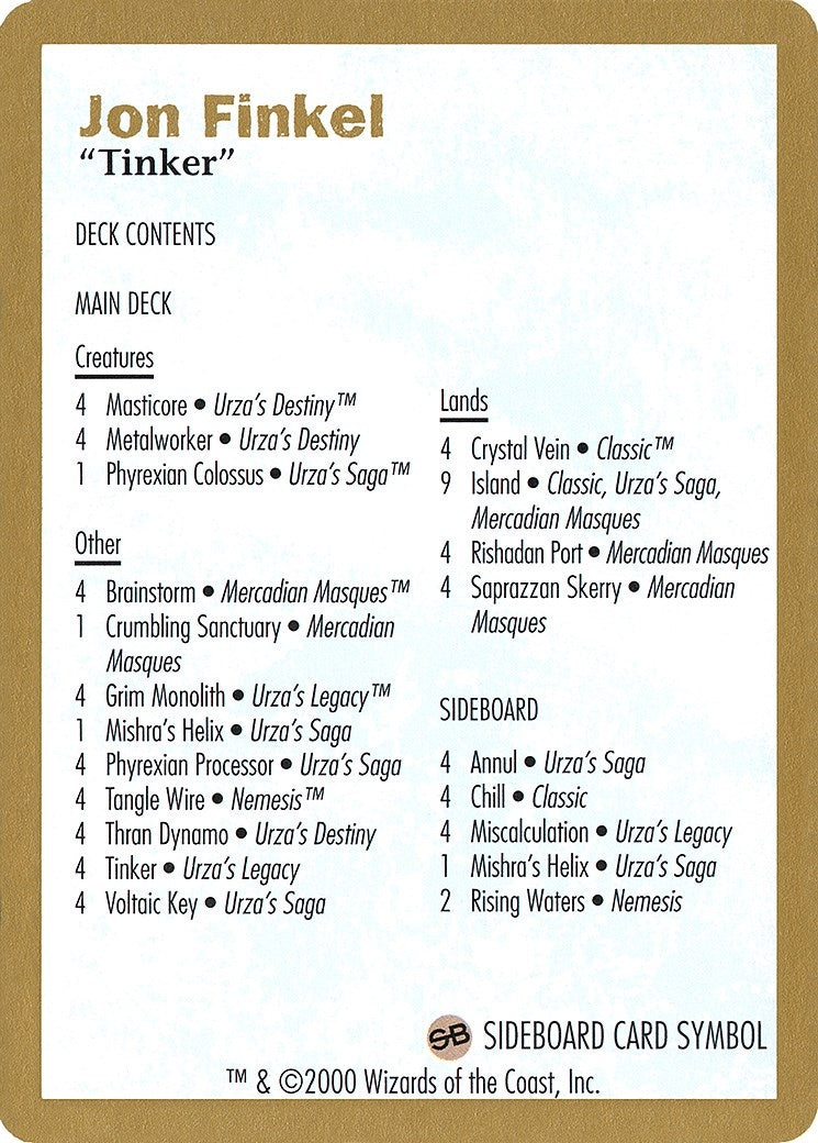 Image for 2000 Jon Finkel Decklist Card (World Championship Decks) - Magic: The Gathering