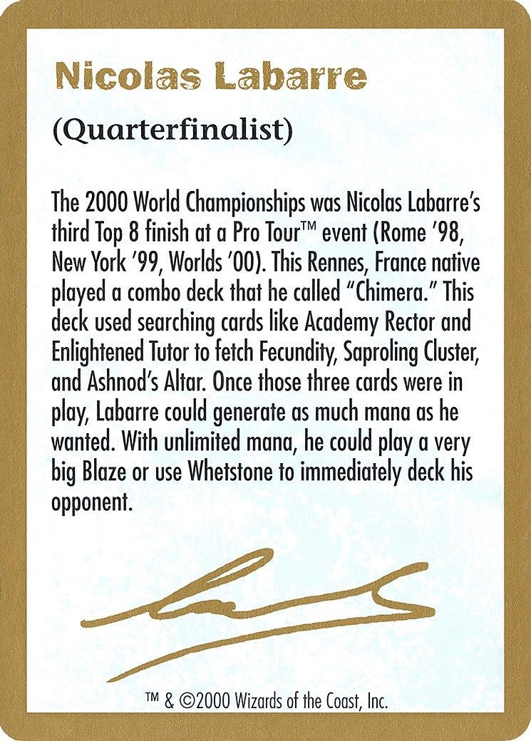 Image for 2000 Nicolas Labarre Biography Card (World Championship Decks) - Magic: The Gathering