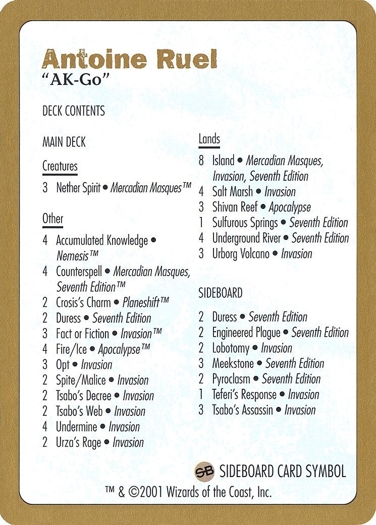 Image for 2001 Antoine Ruel Decklist Card (World Championship Decks) - Magic: The Gathering