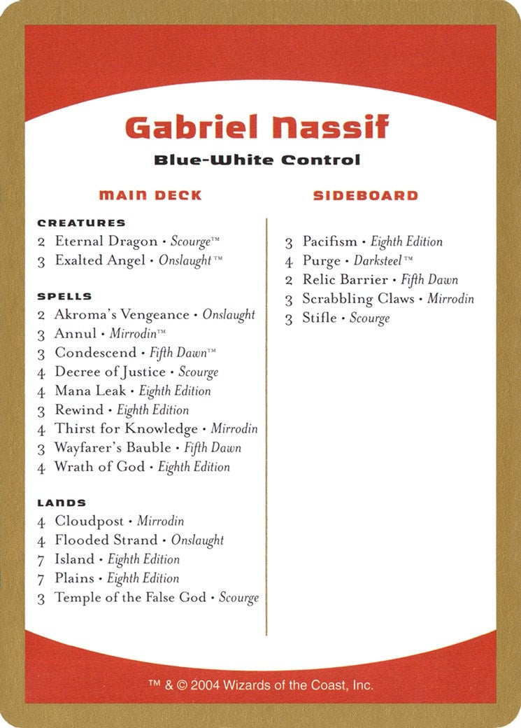 Image for 2004 Gabriel Nassif Decklist Card (World Championship Decks) - Magic: The Gathering