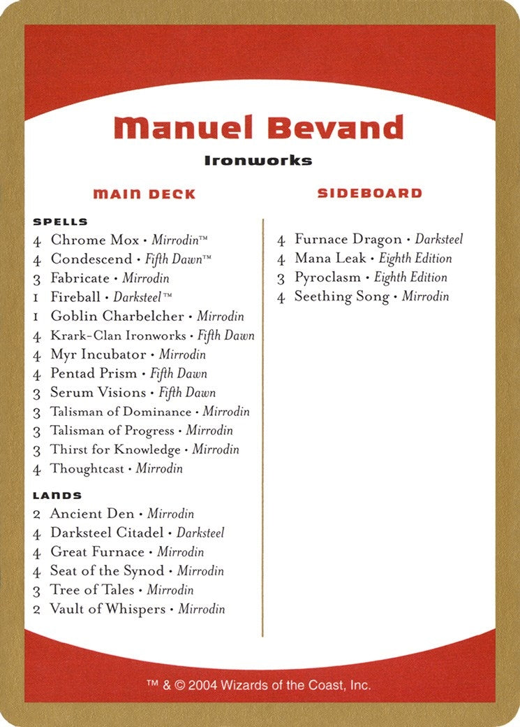 Image for 2004 Manuel Bevand Decklist Card (World Championship Decks) - Magic: The Gathering