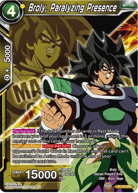 Image for Broly, Paralyzing Presence (Expansion Deck Box Set 08: Magnificent Collection - Forsaken Warrior) (P-111) - Dragon Ball Super: Masters