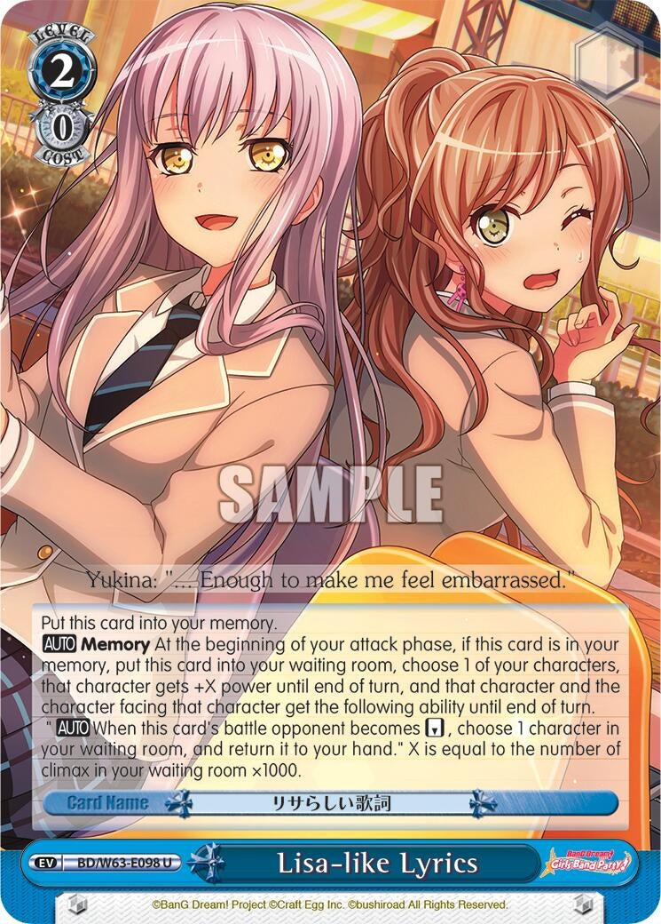 Image for Lisa-like Lyrics (BanG Dream! Girls Band Party! Vol.2) (BD/W63-E098 U) - Weiss Schwarz