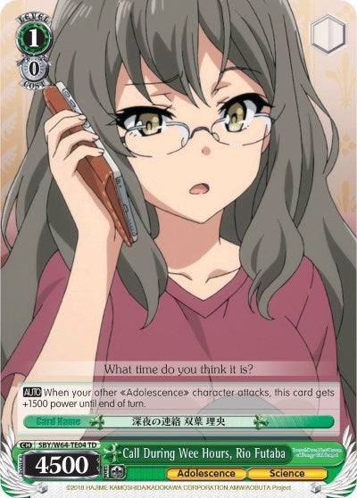 Image for Call During Wee Hours, Rio Futaba (Rascal Does Not Dream of Bunny Girl Senpai) (SBY/W64-TE04 TD) - Weiss Schwarz