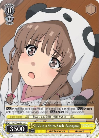 Image for Crisis as a Sister, Kaede Azusagawa (Rascal Does Not Dream of Bunny Girl Senpai) (SBY/W64-E018 C) - Weiss Schwarz