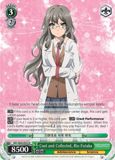 Image for Cool and Collected, Rio Futaba (Rascal Does Not Dream of Bunny Girl Senpai) (SBY/W64-E032 R) - Weiss Schwarz