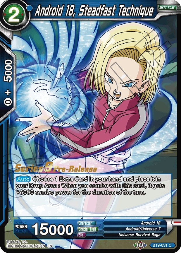 Image for Android 18, Steadfast Technique (Universal Onslaught Pre-Release Cards) (BT9-031) - Dragon Ball Super: Masters
