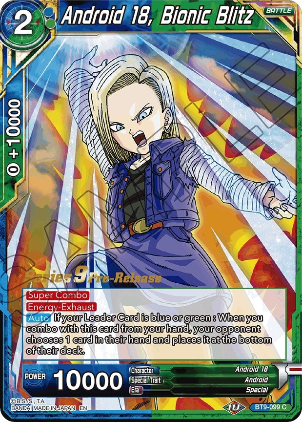 Image for Android 18, Bionic Blitz (Universal Onslaught Pre-Release Cards) (BT9-099) - Dragon Ball Super: Masters