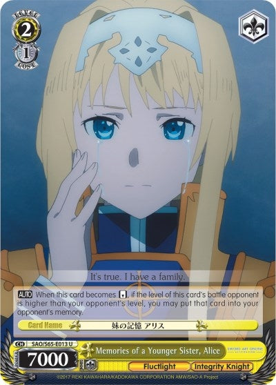 Image for Memories of a Younger Sister, Alice (Sword Art Online -Alicization-) (SAO/S65-E013 U) - Weiss Schwarz