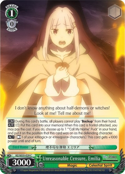 Image for Unreasonable Censure, Emilia (Re:ZERO: The Frozen Bond) (RZ/SE35-E29 C) - Weiss Schwarz