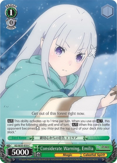 Image for Considerate Warning, Emilia (Re:ZERO: The Frozen Bond) (RZ/SE35-E33 C) - Weiss Schwarz
