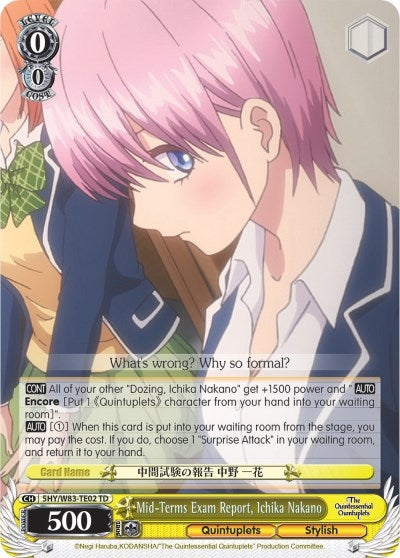 Image for Mid-Terms Exam Report, Ichika Nakano (The Quintessential Quintuplets) (5HY/W83-TE02 TD) - Weiss Schwarz