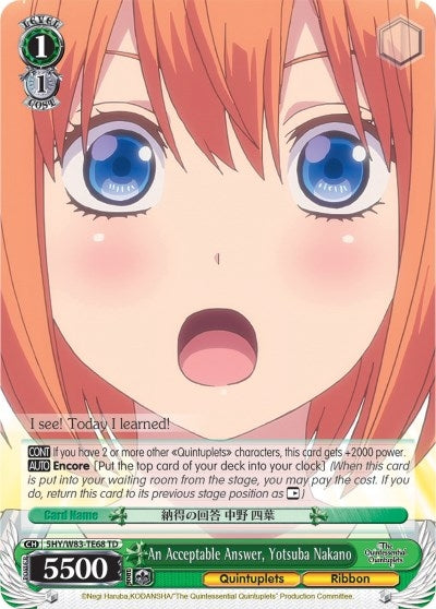 Image for An Acceptable Answer, Yotsuba Nakano (The Quintessential Quintuplets) (5HY/W83-TE68 TD) - Weiss Schwarz