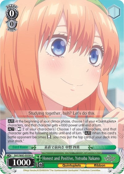 Image for Honest and Positive, Yotsuba Nakano (The Quintessential Quintuplets) (5HY/W83-E039 U) - Weiss Schwarz