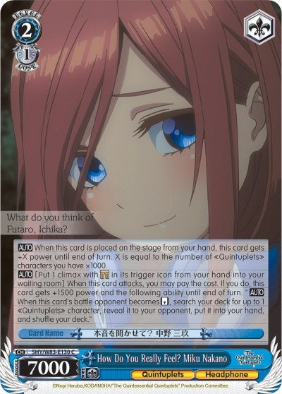 Image for How Do You Really Feel? Miku Nakano (The Quintessential Quintuplets) (5HY/W83-E130 C) - Weiss Schwarz