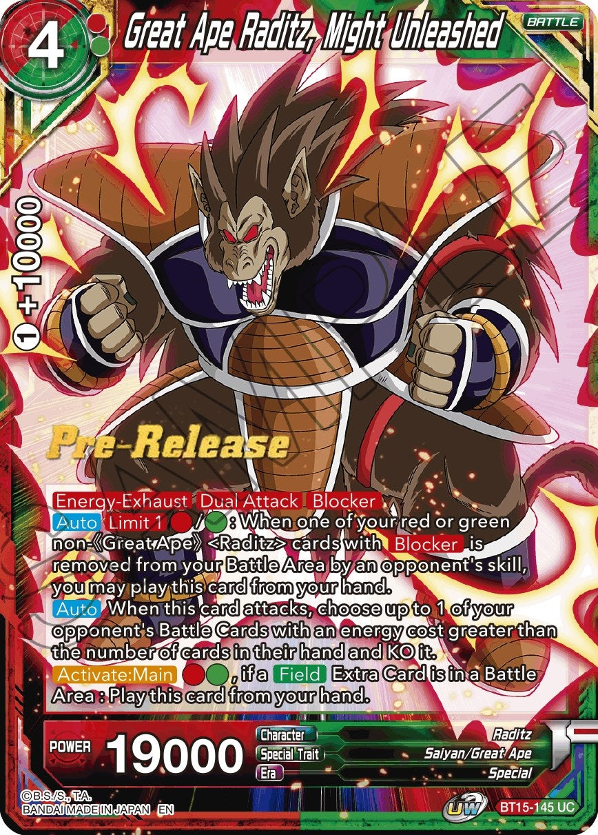 Image for Great Ape Raditz, Might Unleashed (Saiyan Showdown Pre-Release Cards) (BT15-145) - Dragon Ball Super: Masters