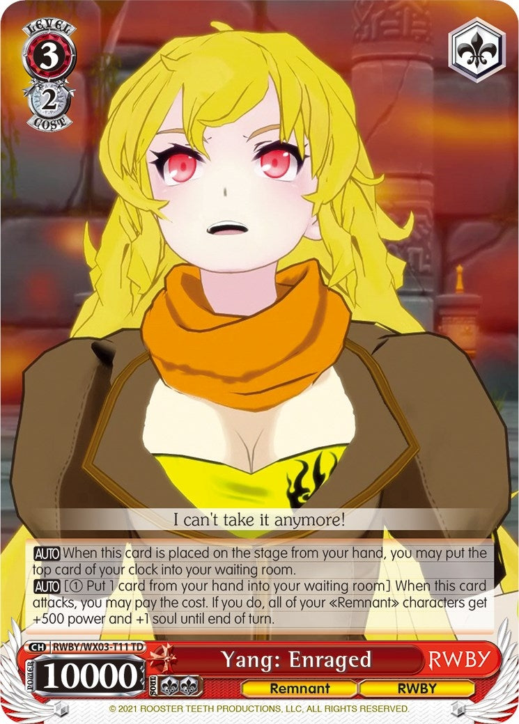 Image for Yang: Enraged (RWBY) (RWBY/WX03-T11 TD) - Weiss Schwarz