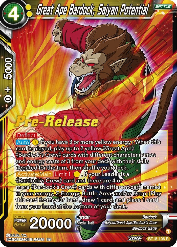 Image for Great Ape Bardock, Saiyan Potential (Dawn of the Z-Legends Pre-Release Cards) (BT18-106) - Dragon Ball Super: Masters