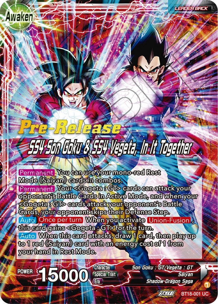 Image for Son Goku & Vegeta // SS4 Son Goku & SS4 Vegeta, In It Together (Dawn of the Z-Legends Pre-Release Cards) (BT18-001) - Dragon Ball Super: Masters