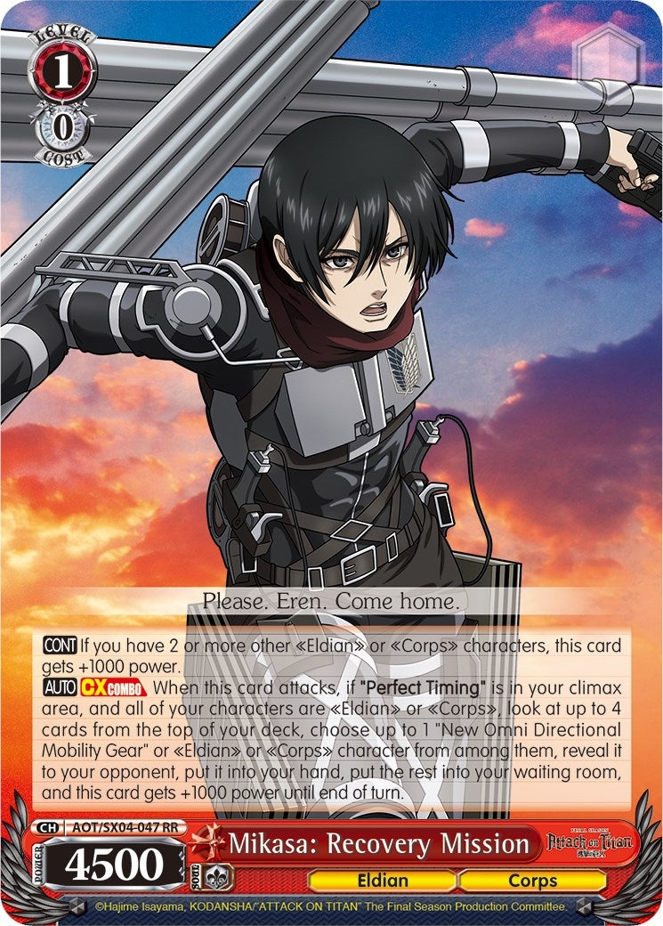 Image for Mikasa: Recovery Mission (Attack On Titan: Final Season) (AOT/SX04-047 RR) - Weiss Schwarz