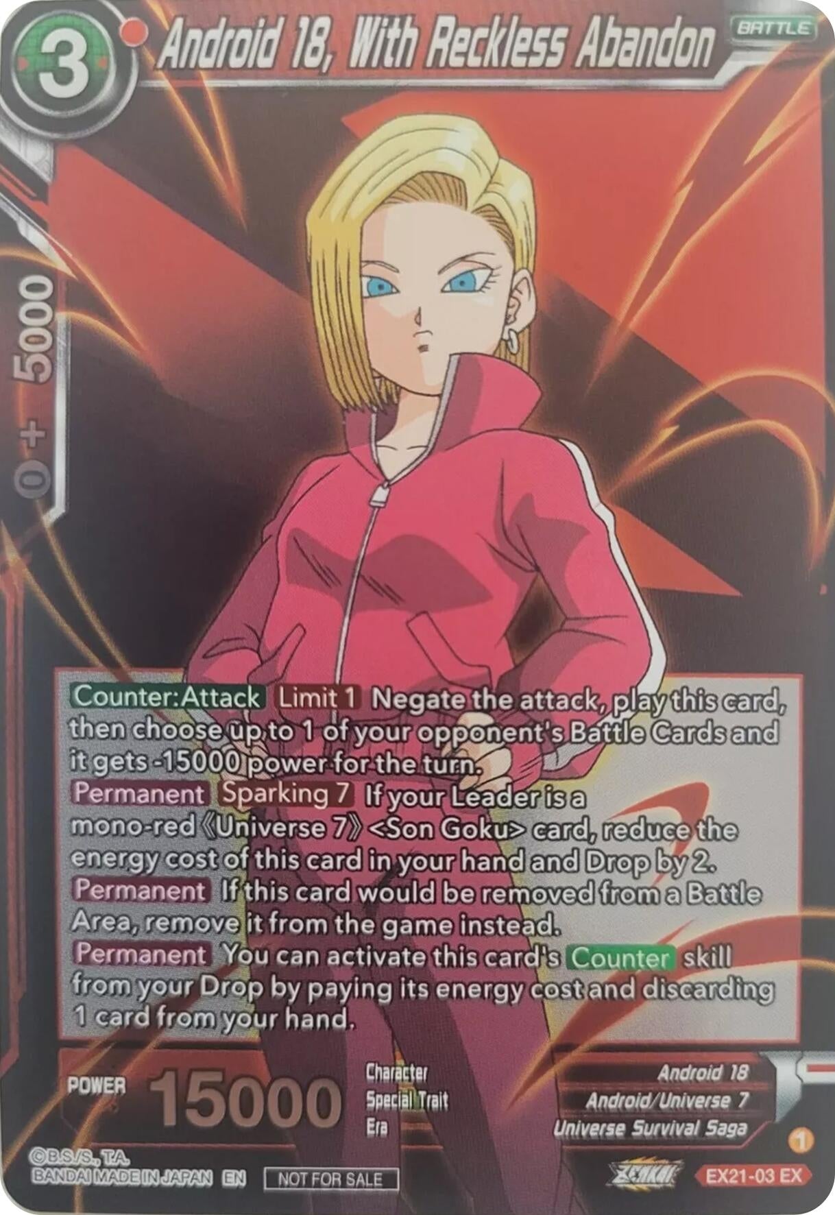 Image for Android 18, With Reckless Abandon (Zenkai Series Pack Vol.1) (Tournament Promotion Cards) (EX21-03) - Dragon Ball Super: Masters