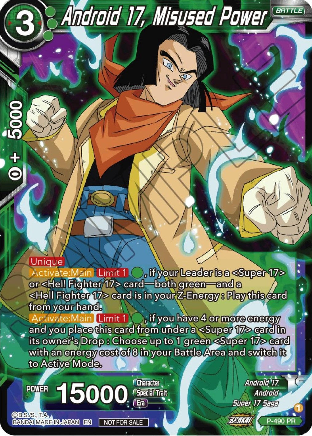 Image for Android 17, Misused Power (Zenkai Series Tournament Pack Vol.3) (Tournament Promotion Cards) (P-490) - Dragon Ball Super: Masters