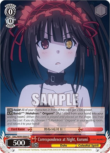 Image for Correspondence at Night, Kurumi (Date A Live Vol.2) (DAL/W99-E064 C) - Weiss Schwarz