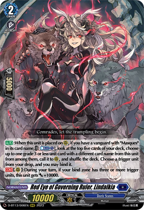 Image for Red Eye of Governing Ruler, Lindalkia (D-BT13: Flight of Chakrabarthi) (D-BT13/006EN) - Cardfight Vanguard