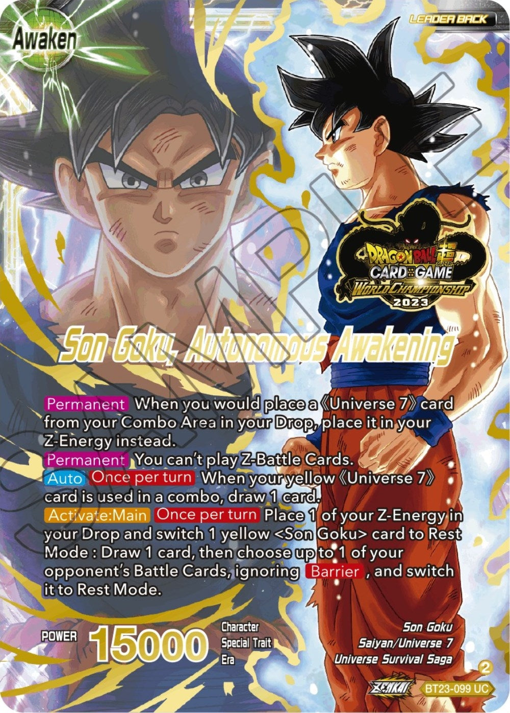 Image for SSB Son Goku // Son Goku, Autonomous Awakening (2023 Worlds ZENKAI 06 Leader Set) (Tournament Promotion Cards) (BT23-099) - Dragon Ball Super: Masters