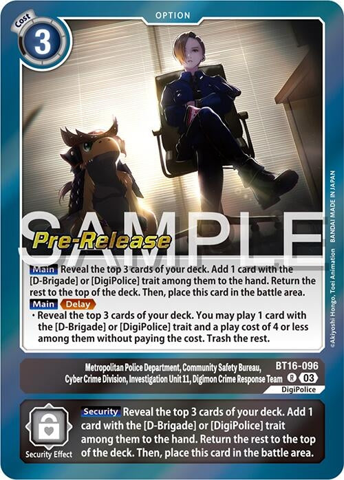 Image for Metropolitan Police Department, Community Safety Bureau, Cyber Crime Division, Investigation Unit 11... (BT16_PR) (BT16-096 R) - Digimon Card Game