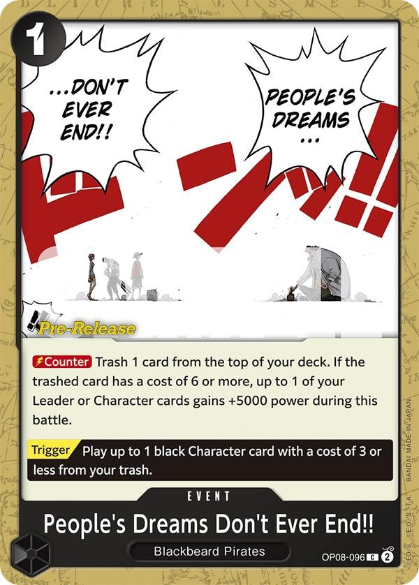 Image for People's Dreams Don't Ever End!! (Two Legends Pre-Release Cards) (OP08-096) - One Piece Card Game