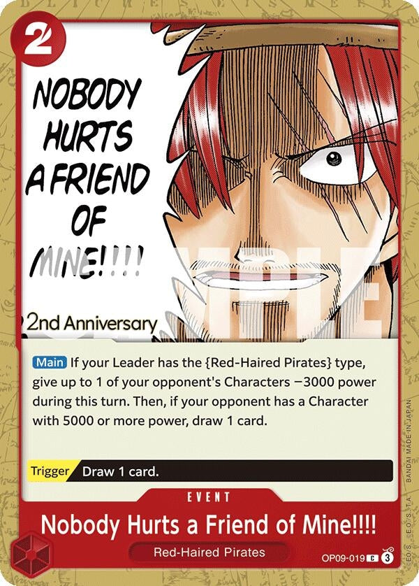 Image for Nobody Hurts a Friend of Mine!!!! (Emperors in the New World: 2nd Anniversary Tournament Cards) (OP09-019) - One Piece Card Game