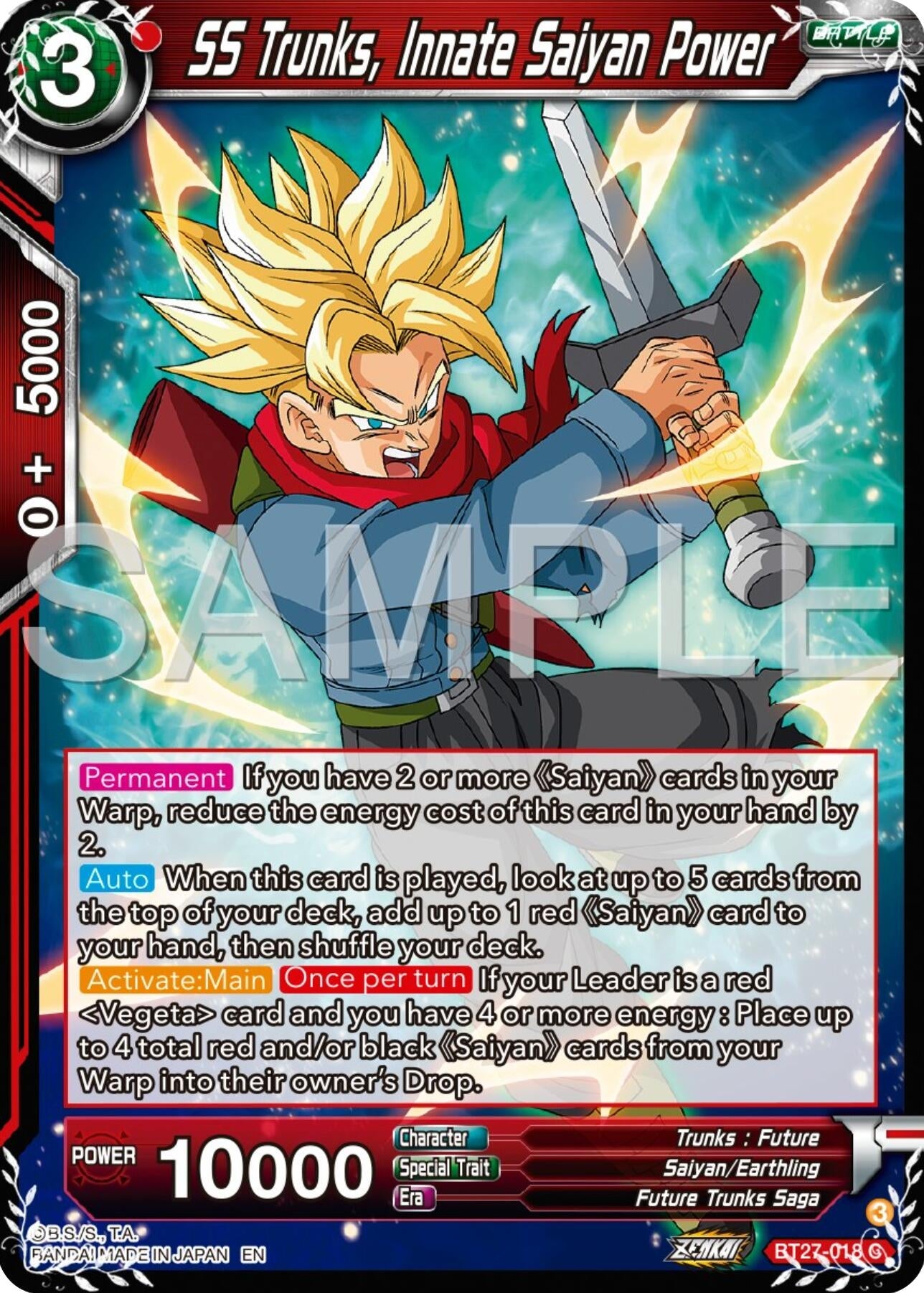 Image for SS Trunks, Innate Saiyan Power (History of Z) (BT27-018) - Dragon Ball Super: Masters