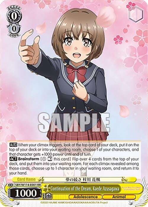 Image for Continuation of the Dream, Kaede Azusagawa (Rascal Does Not Dream Series) (SBY/W114-E001 RR) - Weiss Schwarz