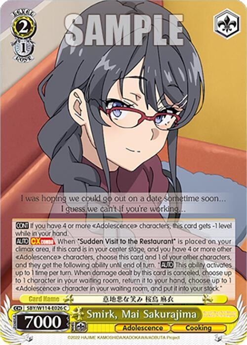 Image for Smirk, Mai Sakurajima (Rascal Does Not Dream Series) (SBY/W114-E026 C) - Weiss Schwarz