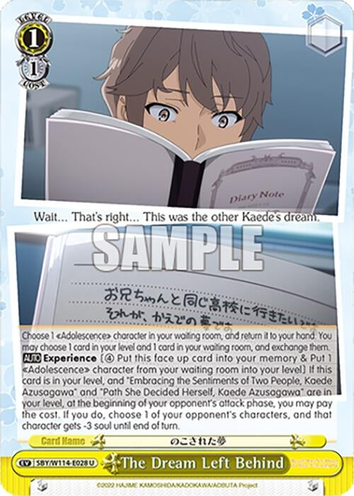 Image for The Dream Left Behind (Rascal Does Not Dream Series) (SBY/W114-E028 U) - Weiss Schwarz