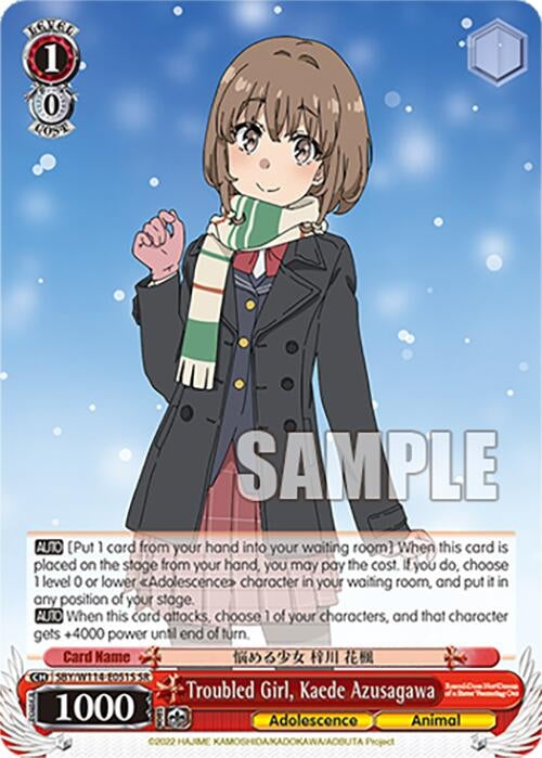 Image for Troubled Girl, Kaede Azusagawa (SR) (Rascal Does Not Dream Series) (SBY/W114-E051S SR) - Weiss Schwarz