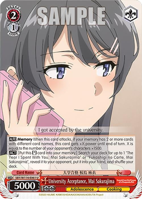 Image for University Acceptance, Mai Sakurajima (Rascal Does Not Dream Series) (SBY/W114-E061 U) - Weiss Schwarz