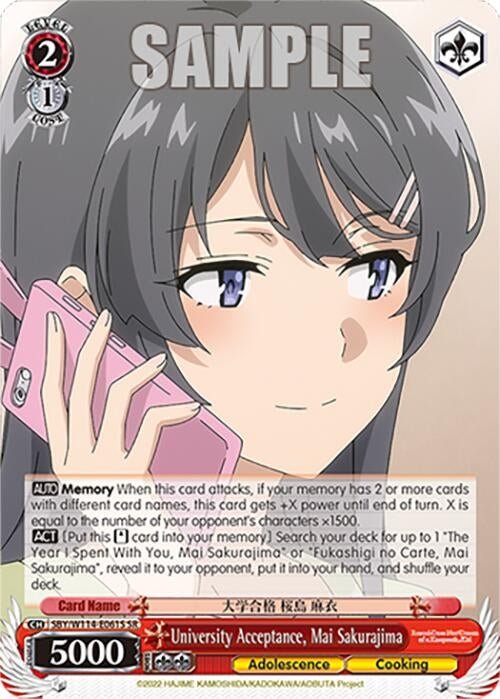 Image for University Acceptance, Mai Sakurajima (SR) (Rascal Does Not Dream Series) (SBY/W114-E061S SR) - Weiss Schwarz