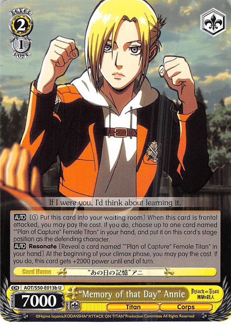 Image for "Memory of that Day" Annie (B) (Attack on Titan Vol. 2) (AOT/S50-E013b U) - Weiss Schwarz