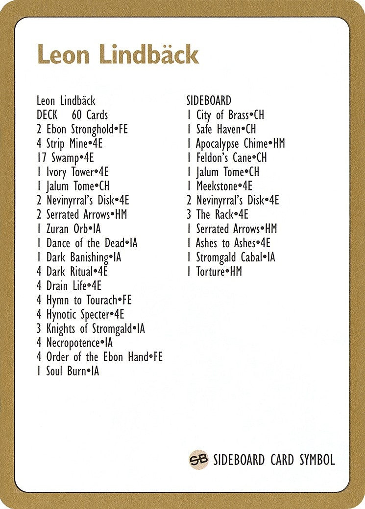 Image for 1996 Leon Lindback Decklist Card (World Championship Decks) - Magic: The Gathering