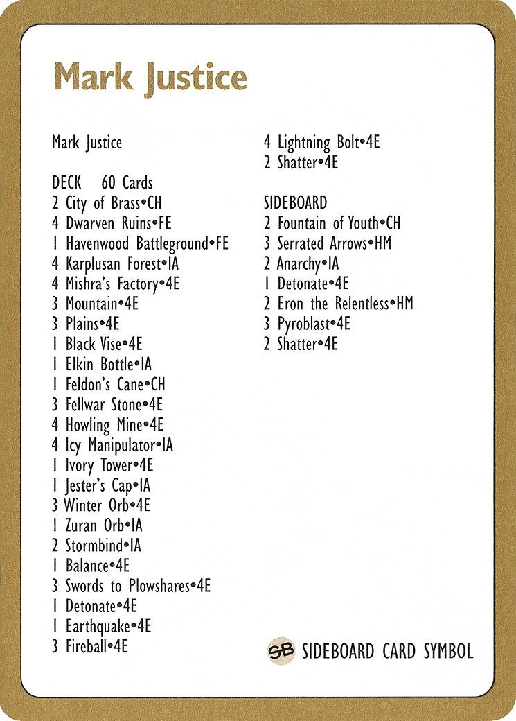 Image for 1996 Mark Justice Decklist Card (World Championship Decks) - Magic: The Gathering