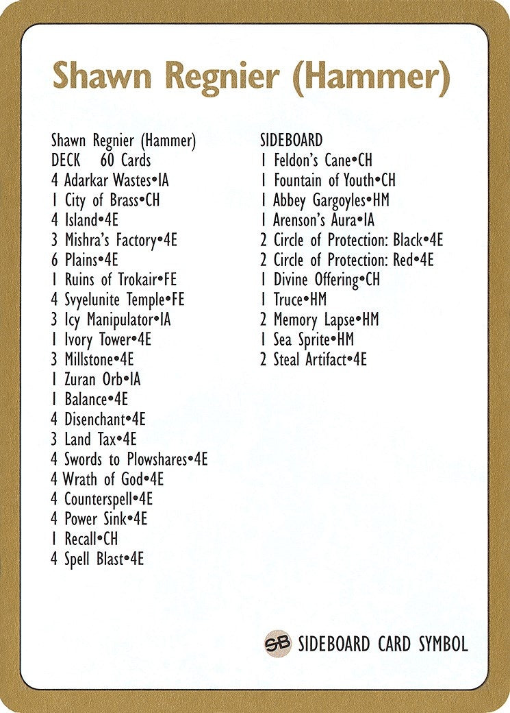 Image for 1996 Shawn "Hammer" Regnier Decklist Card (World Championship Decks) - Magic: The Gathering