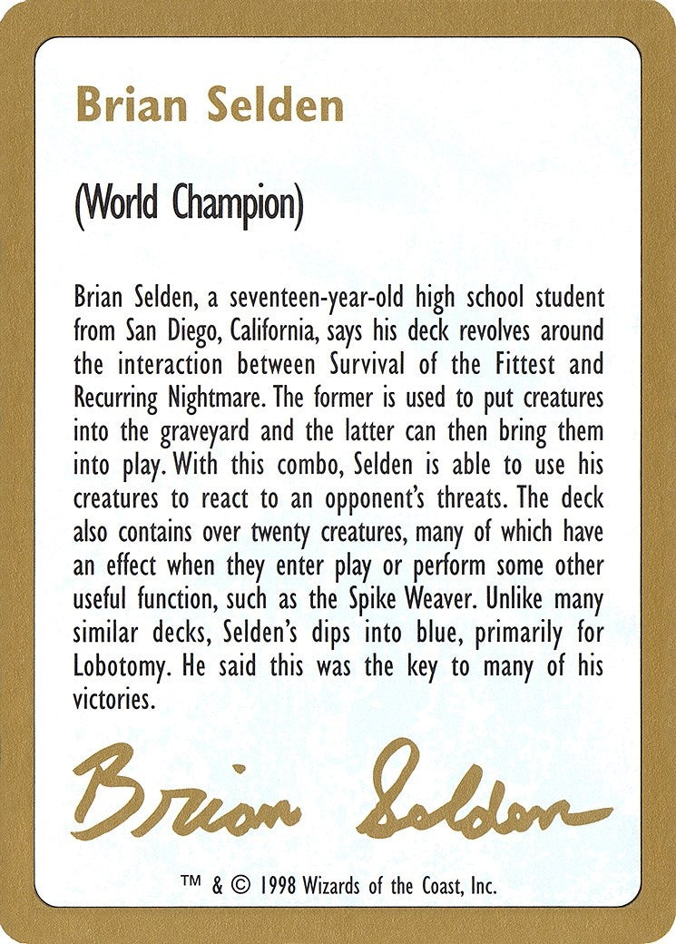 Image for 1998 Brian Selden Biography Card (World Championship Decks) - Magic: The Gathering