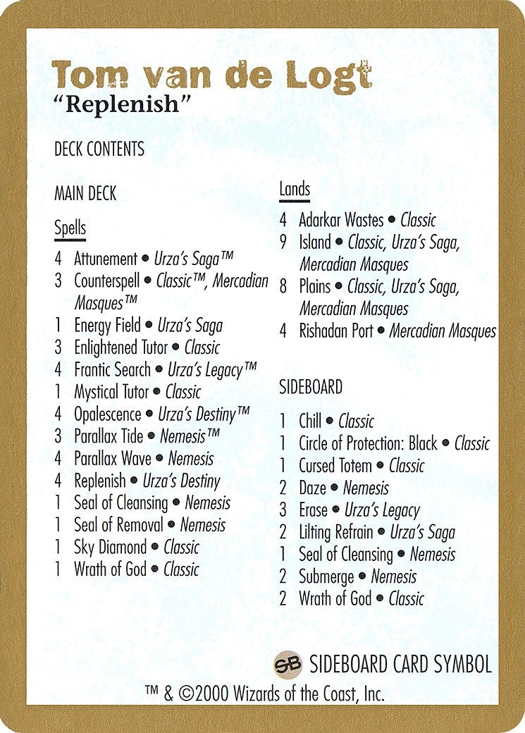 Image for 2000 Tom van de Logt Decklist Card (World Championship Decks) - Magic: The Gathering