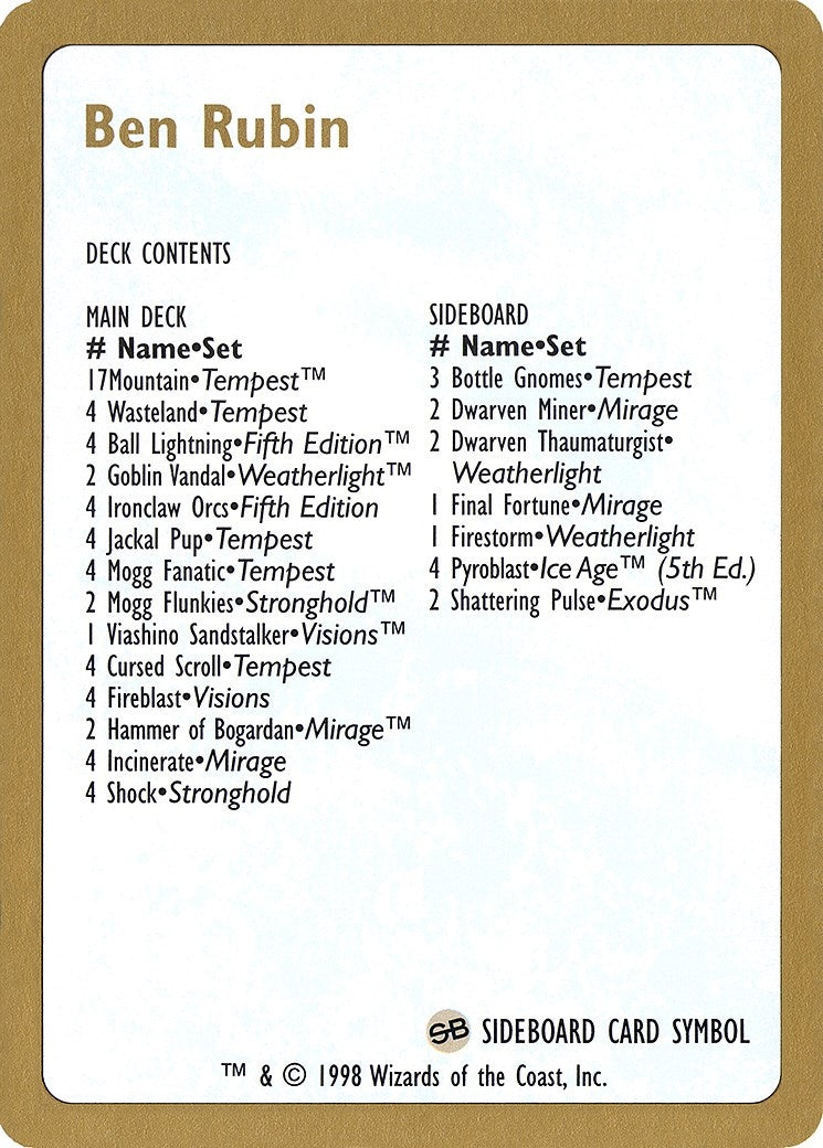Image for 1998 Ben Rubin Decklist Card (World Championship Decks) - Magic: The Gathering