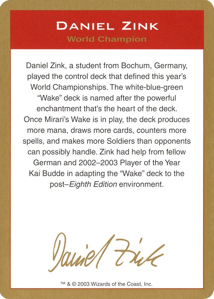 Image for 2003 Daniel Zink Biography Card (World Championship Decks) - Magic: The Gathering